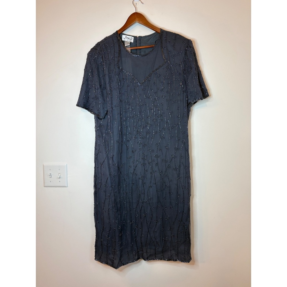 JMD New York Women's 3X Beaded Silk Shift Dress Handmade Gray V-Neck NWT Vintage